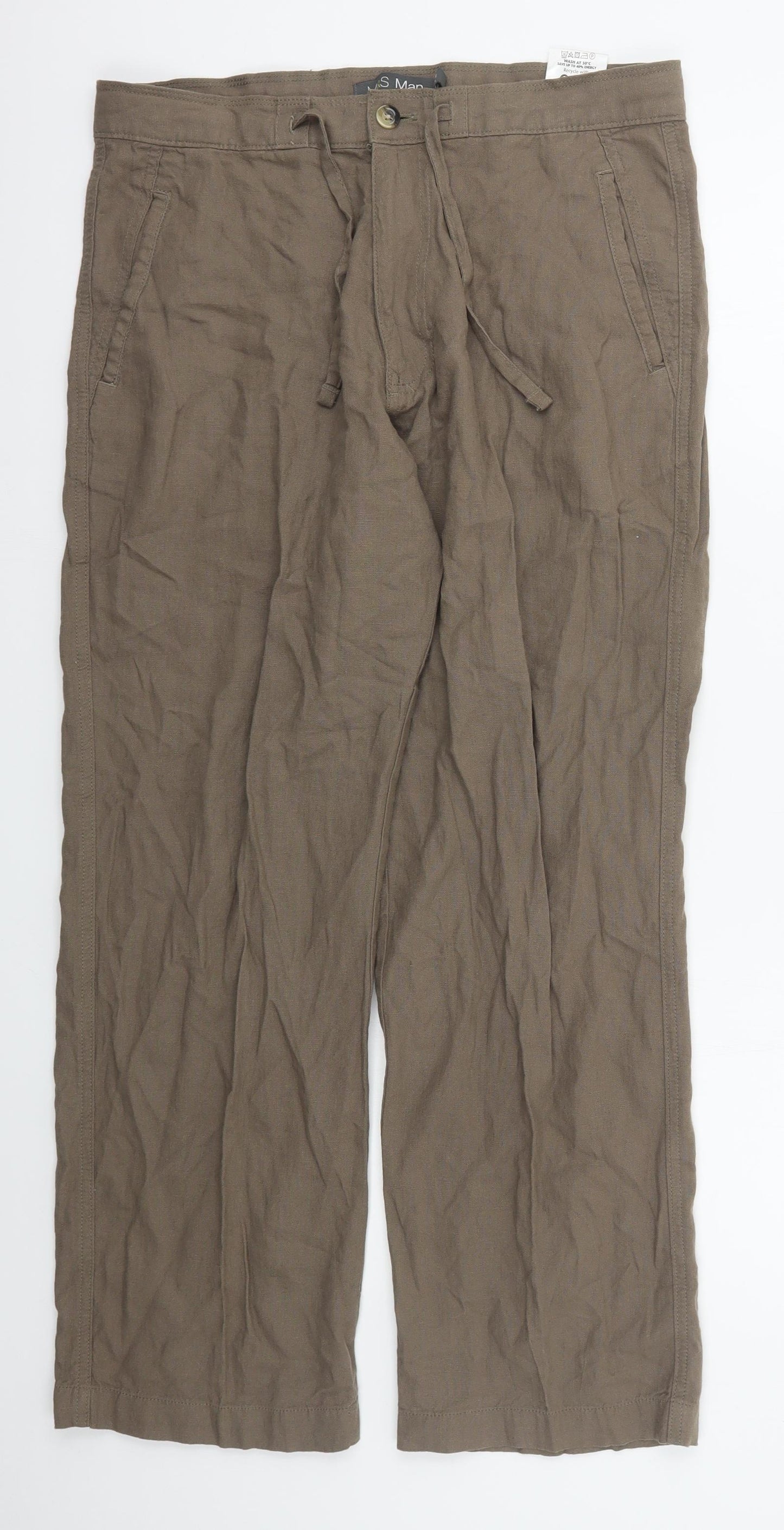 Marks and Spencer Mens Brown  Linen Trousers  Size 32 L29 in Regular Button