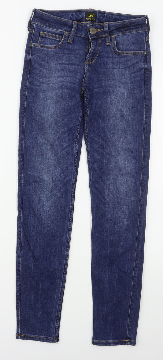 Front view of Lee women’s blue lyocell skinny jeans, size UK 25, in, 31-inch leg regular button