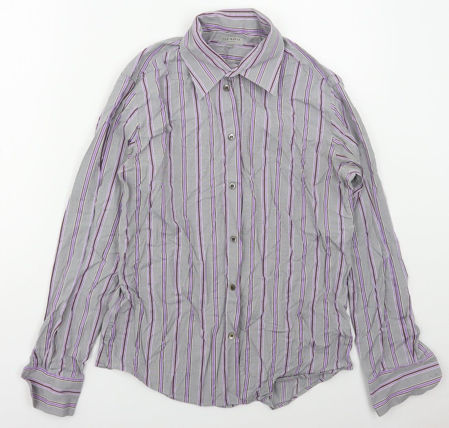Ted Baker Mens Grey Striped Cotton  Dress Shirt Size 15.5 Collared Button - Purple