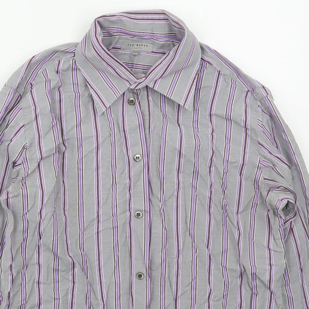 Ted Baker Mens Grey Striped Cotton  Dress Shirt Size 15.5 Collared Button - Purple