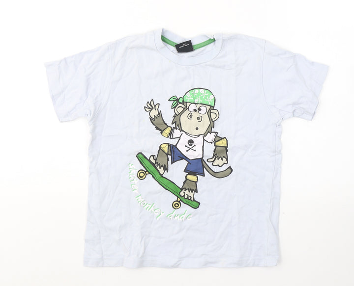 NEXT Boys Blue Cotton Basic T-Shirt Size 7 Years Round Neck Pullover - Monkey skater dude