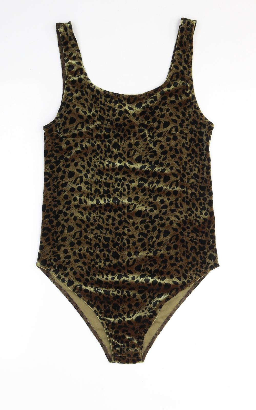 Topshop Womens Green Animal Print Polyester Bodysuit One-Piece Size 12  Button