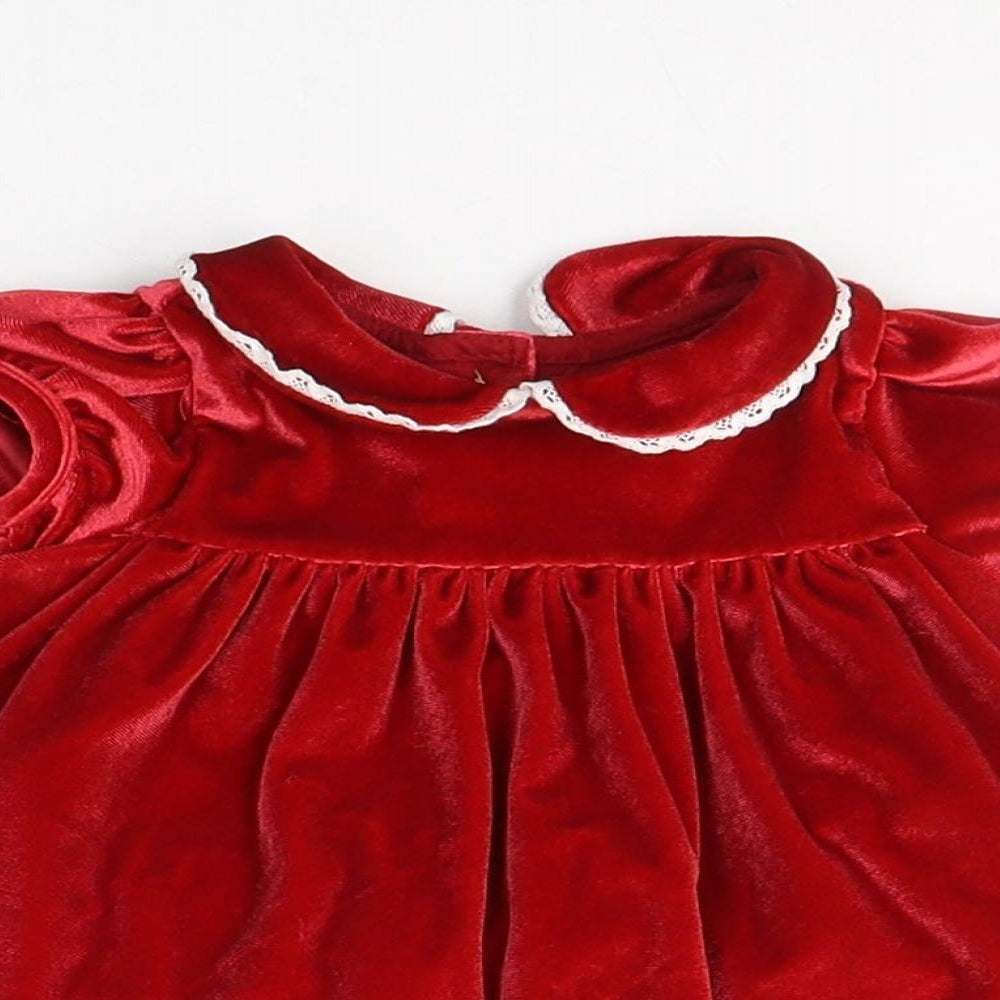 Marks and Spencer Girls Red  Polyester Fit & Flare  Size 0-3 Months  Round Neck Button