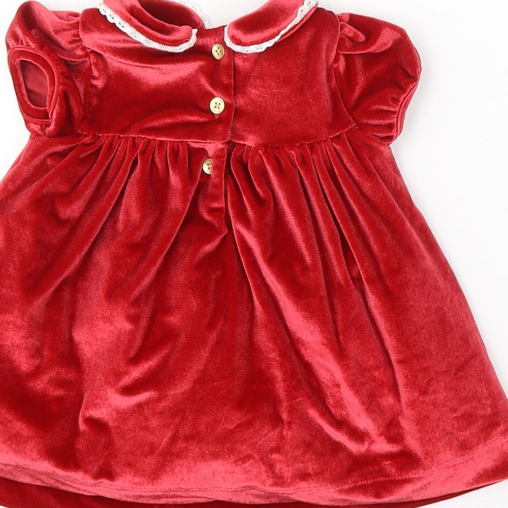 Marks and Spencer Girls Red  Polyester Fit & Flare  Size 0-3 Months  Round Neck Button