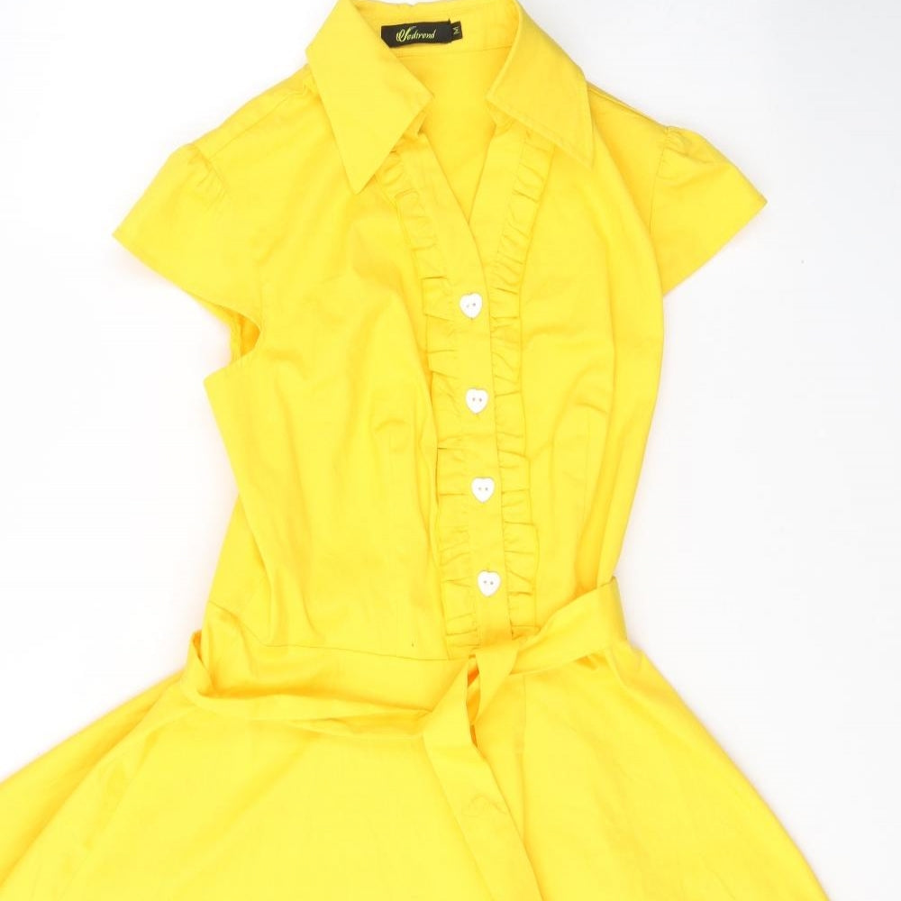 WEDtrend Womens Yellow  Cotton Fit & Flare  Size M  Collared Button