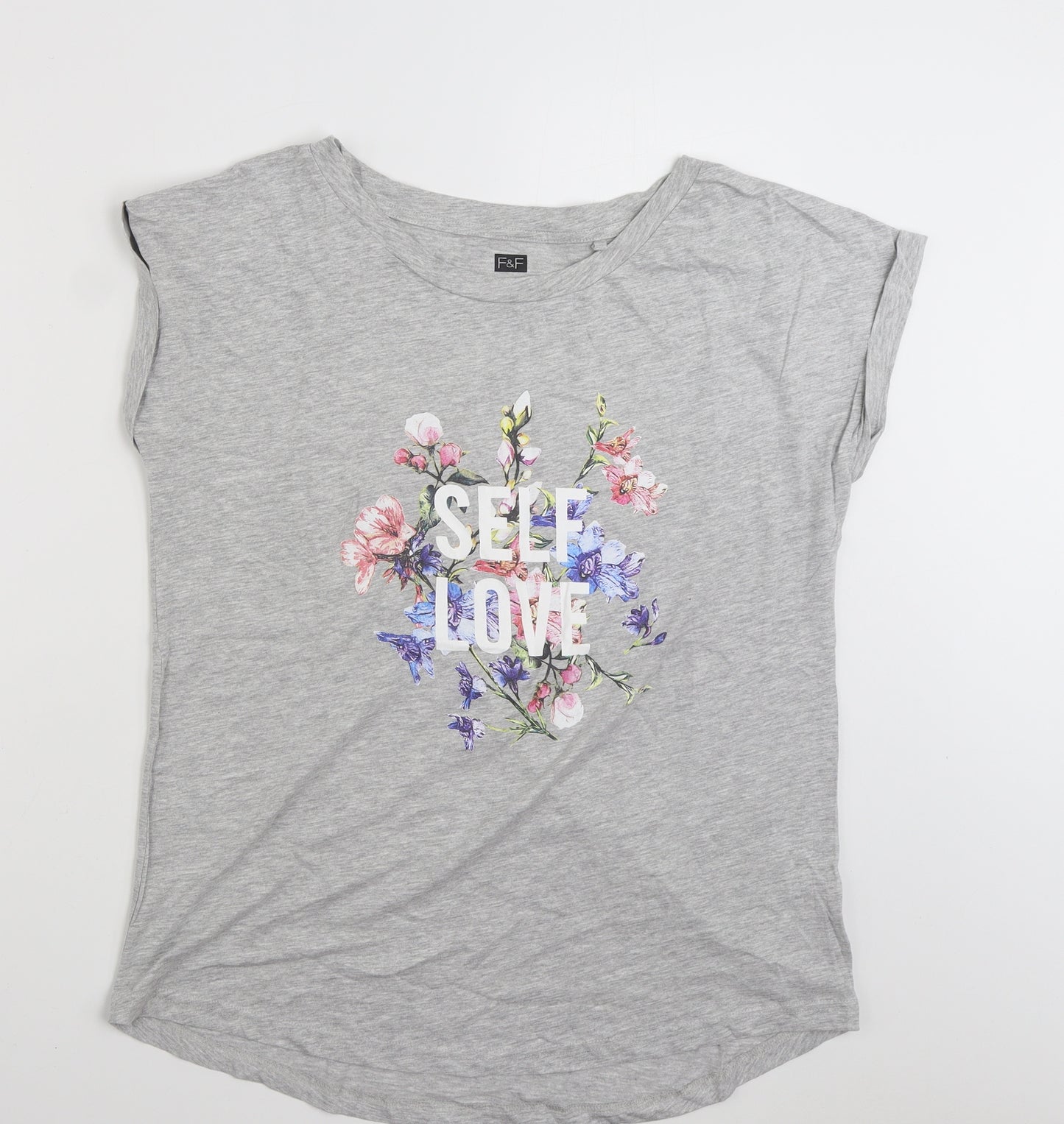 F&F Womens Grey  Cotton Basic T-Shirt Size 12 Crew Neck - Self Love