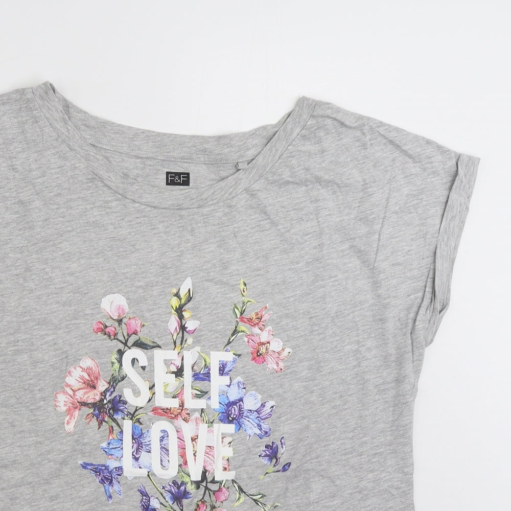 F&F Womens Grey  Cotton Basic T-Shirt Size 12 Crew Neck - Self Love