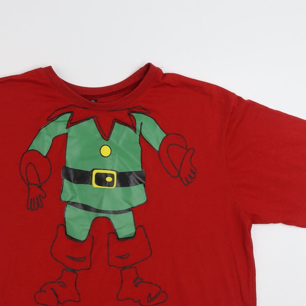 Preworn Mens Red  Polyester  T-Shirt Size XL Crew Neck  - Christmas