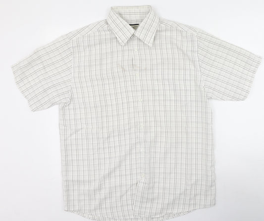 Front view of Dunnes men’s white plaid polyester polo, size L, collared