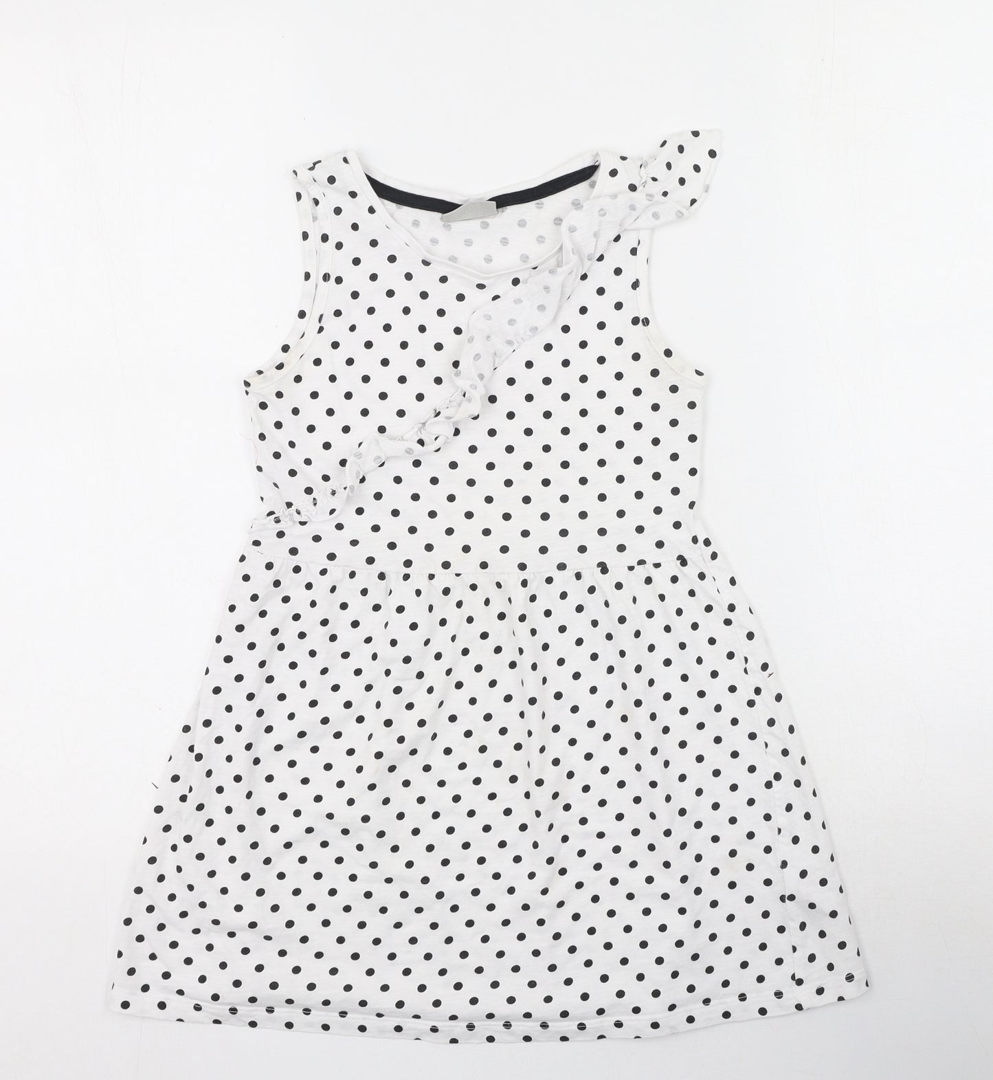 Preworn Girls White Polka Dot 100% Cotton Fit & Flare  Size 8 Years  Round Neck