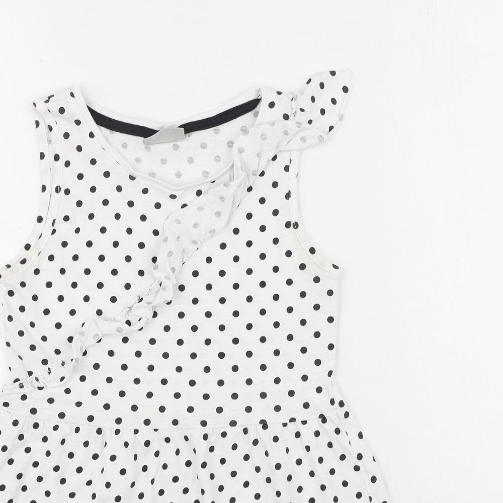 Preworn Girls White Polka Dot 100% Cotton Fit & Flare  Size 8 Years  Round Neck