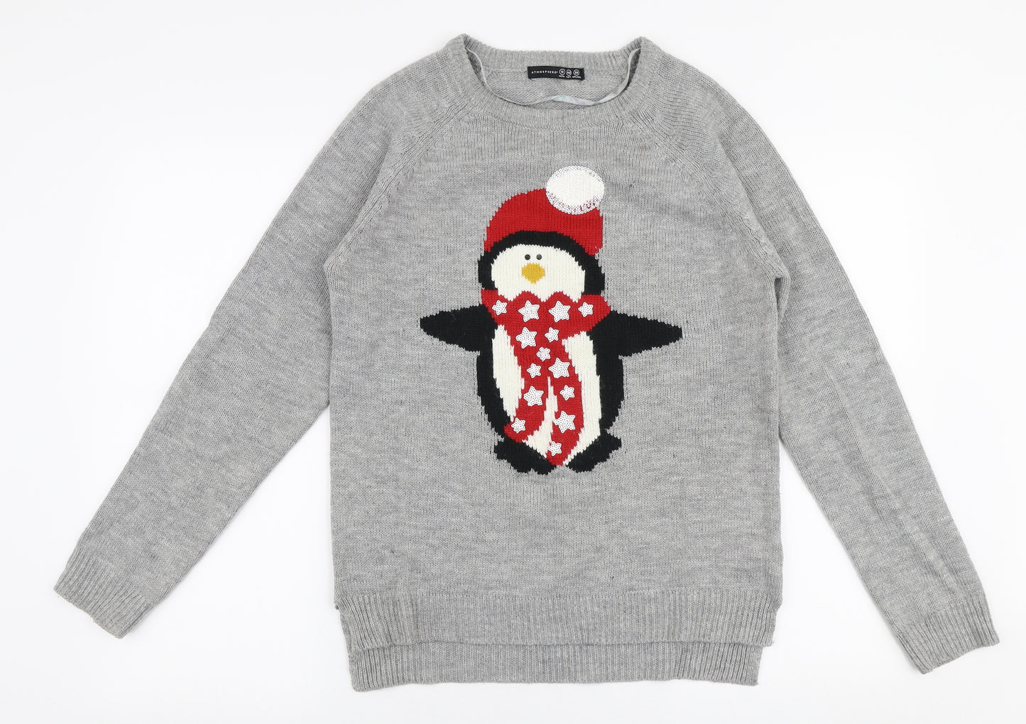 Atmosphere Womens Grey Round Neck  Acrylic Pullover Jumper Size 12   - Christmas Penguin