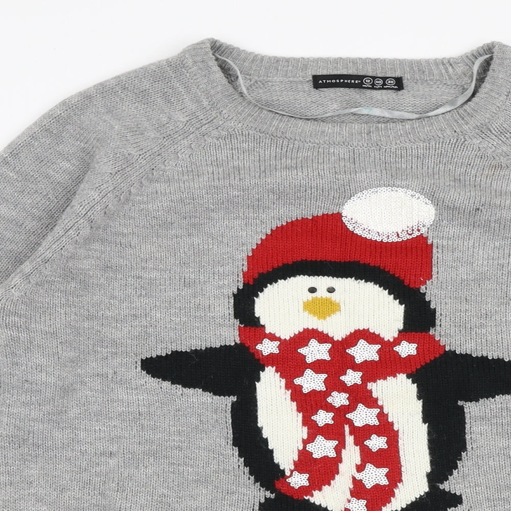 Atmosphere Womens Grey Round Neck  Acrylic Pullover Jumper Size 12   - Christmas Penguin