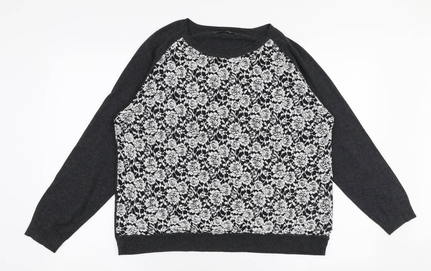 Marks and Spencer Womens Grey Round Neck Floral Polyester Pullover Jumper Size 14