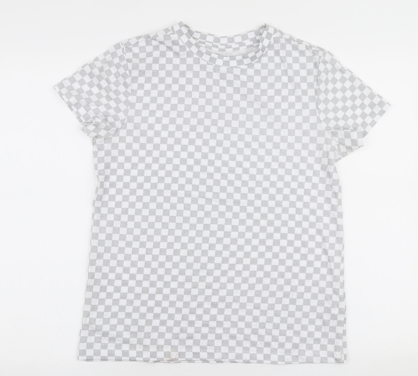 Primark Womens Grey Check 100% Cotton Jersey T-Shirt Size S Round Neck