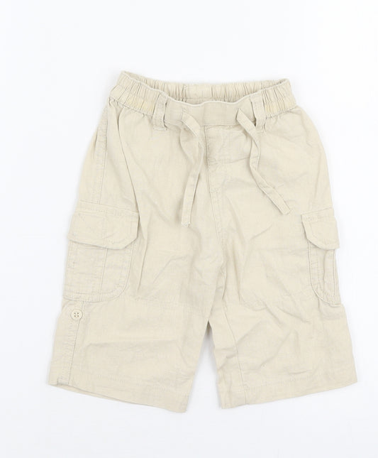 Front view of Preworn boys’ beige linen cargo trousers, size 3-6, months drawstring