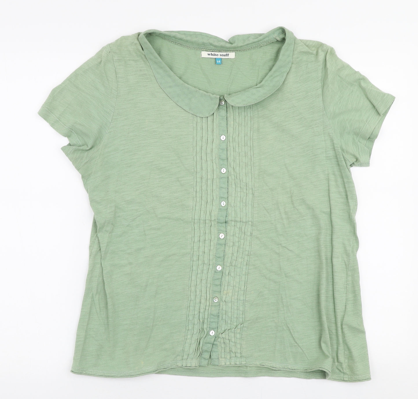 White Stuff Womens Green  100% Cotton Jersey Blouse Size 14 Collared