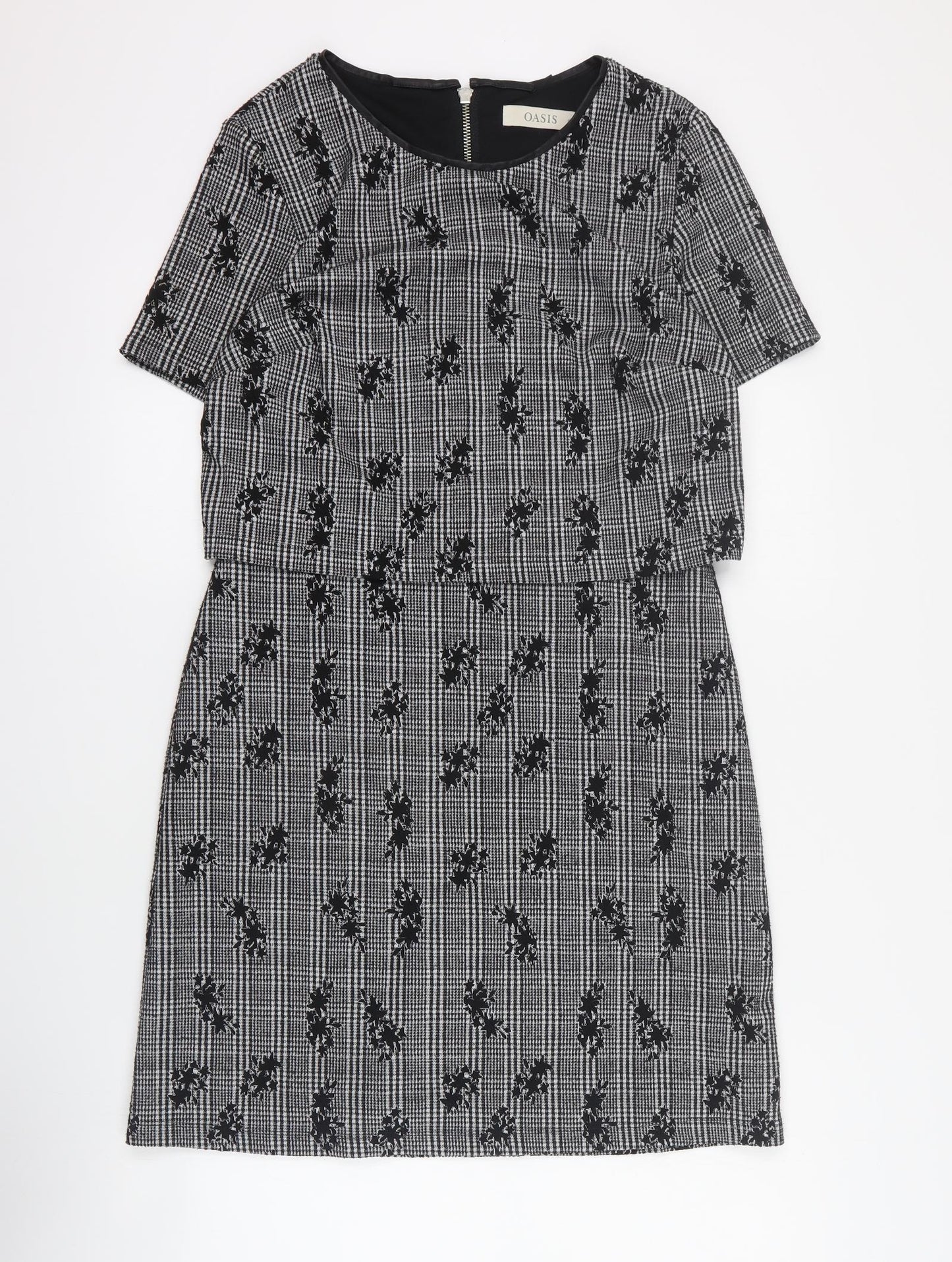 Oasis Womens Black Houndstooth Polyester A-Line  Size S  Round Neck Zip