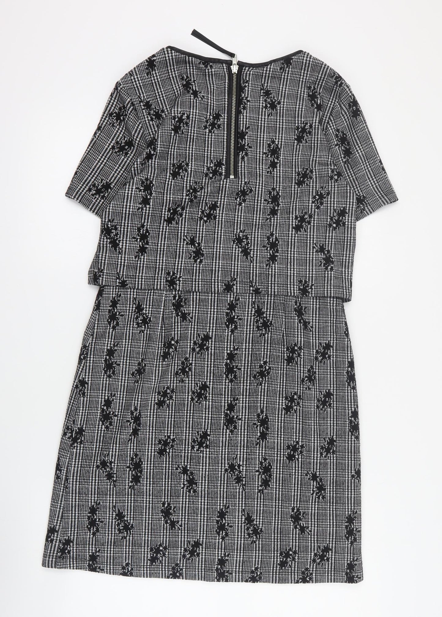 Oasis Womens Black Houndstooth Polyester A-Line  Size S  Round Neck Zip
