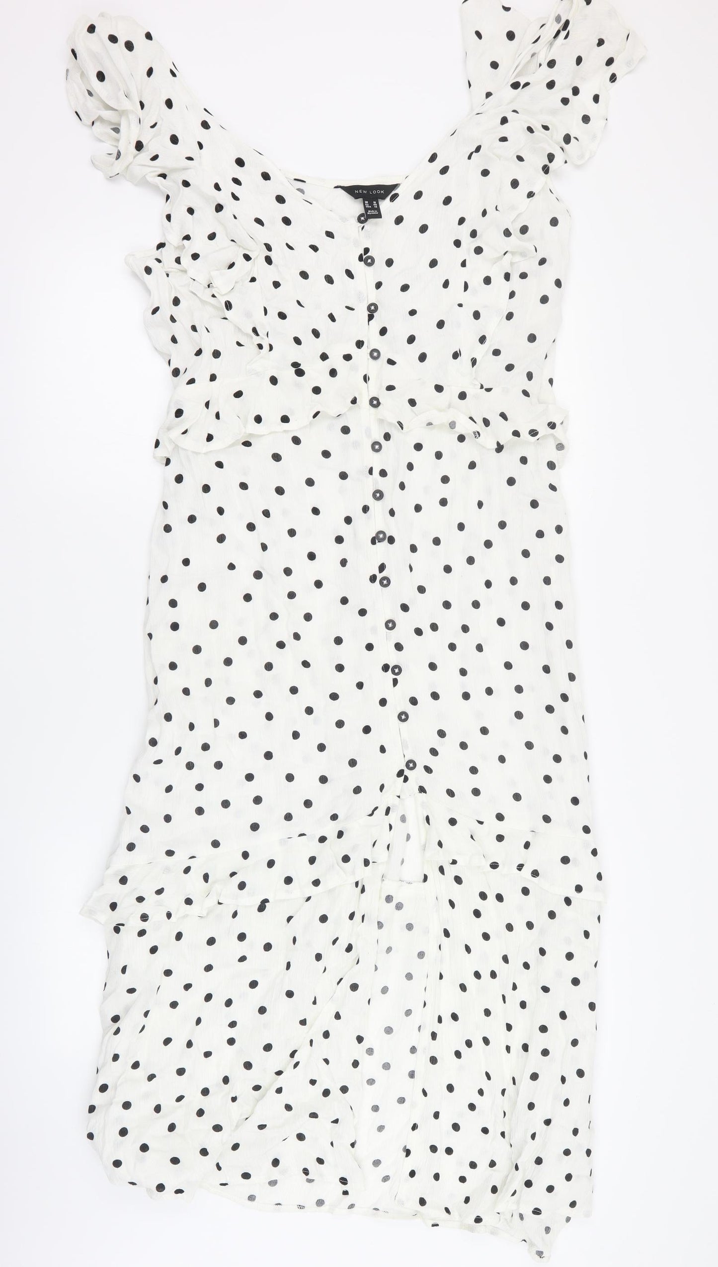 New Look Womens White Polka Dot Viscose Maxi  Size 18  V-Neck Button