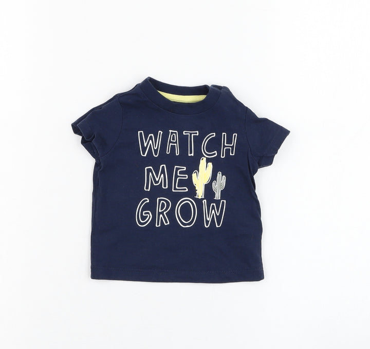F&F Boys Blue Cotton Basic T-Shirt Size 0-3 Months Round Neck Pullover - Watch me grow