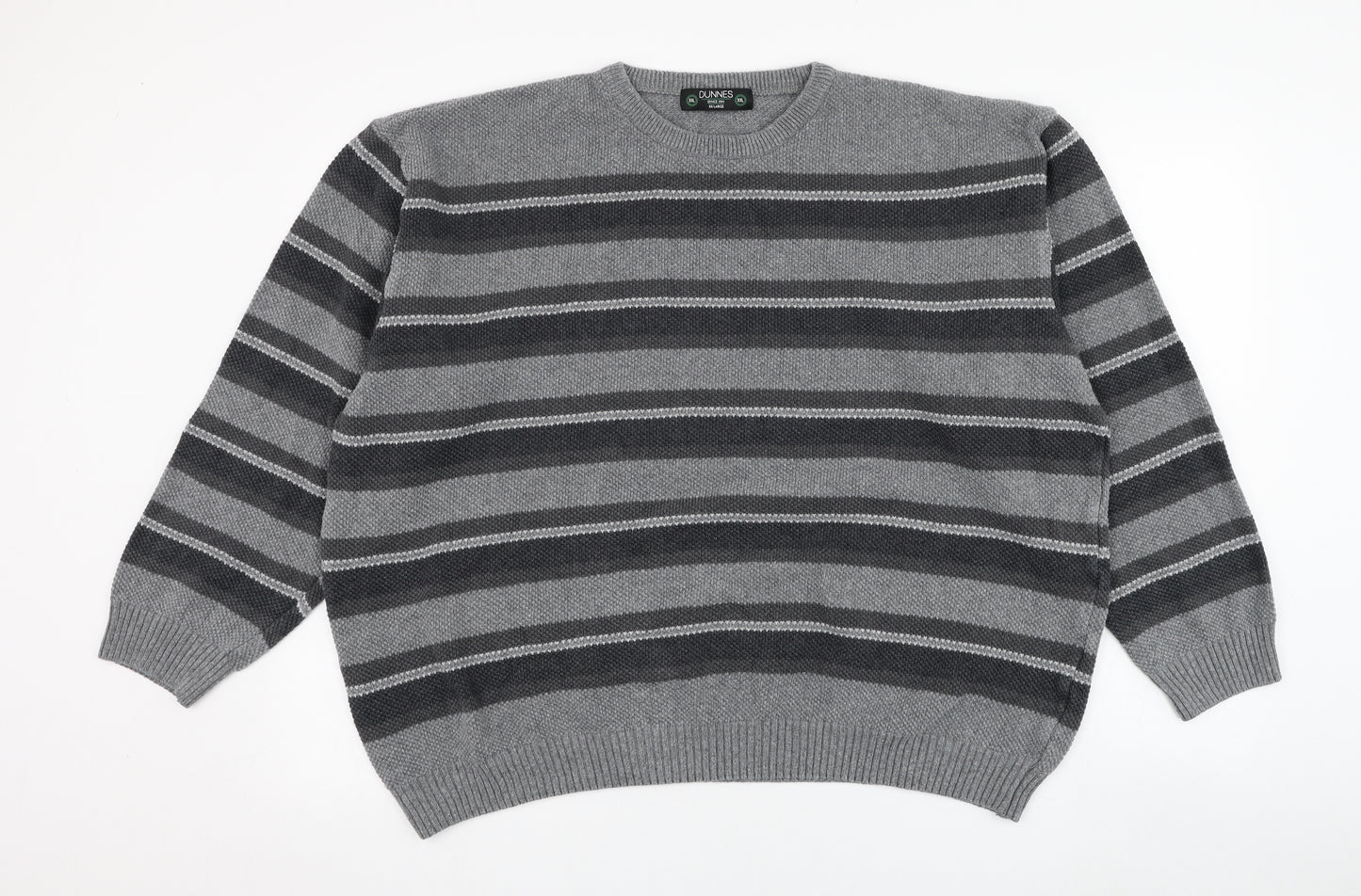 Dunnes Stores Mens Grey Round Neck Striped Cotton Pullover Jumper Size 2XL