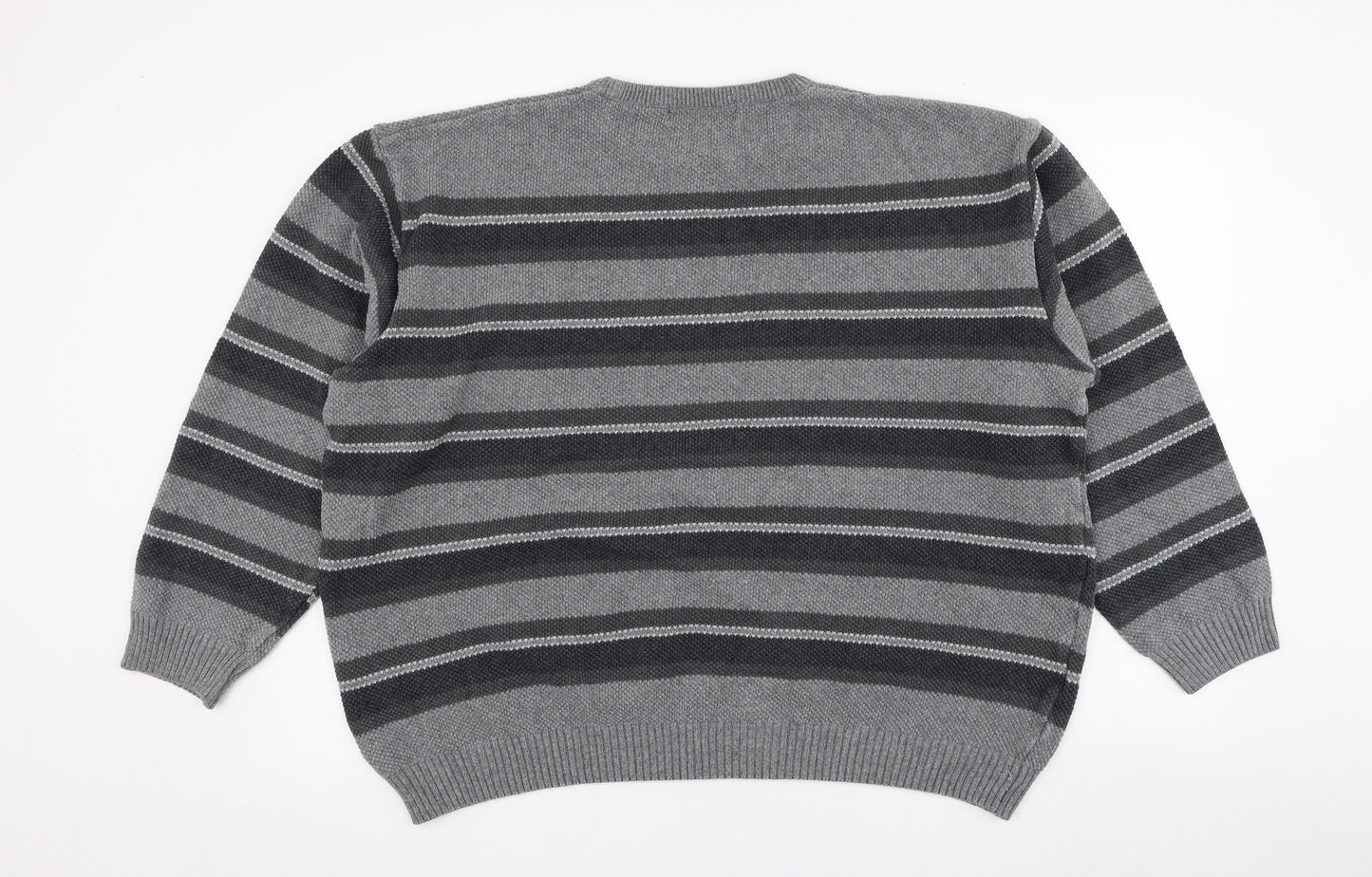 Dunnes Stores Mens Grey Round Neck Striped Cotton Pullover Jumper Size 2XL