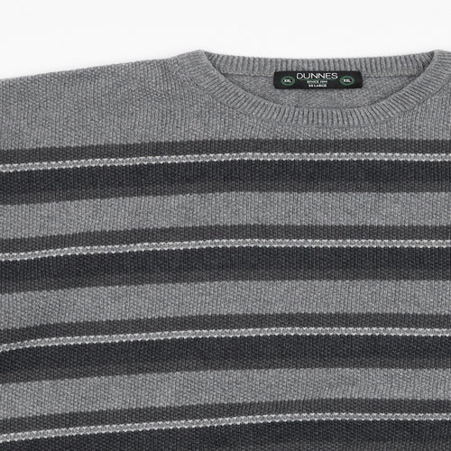 Dunnes Stores Mens Grey Round Neck Striped Cotton Pullover Jumper Size 2XL