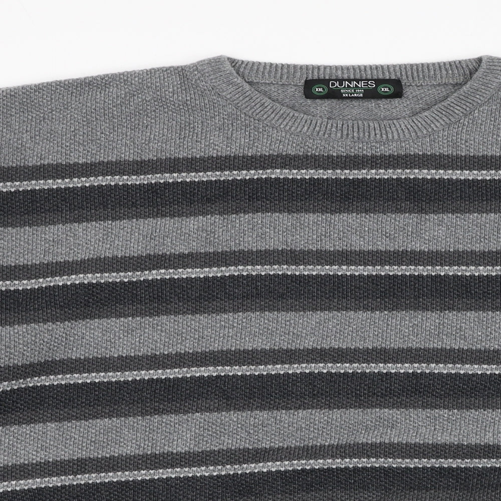 Dunnes Stores Mens Grey Round Neck Striped Cotton Pullover Jumper Size 2XL