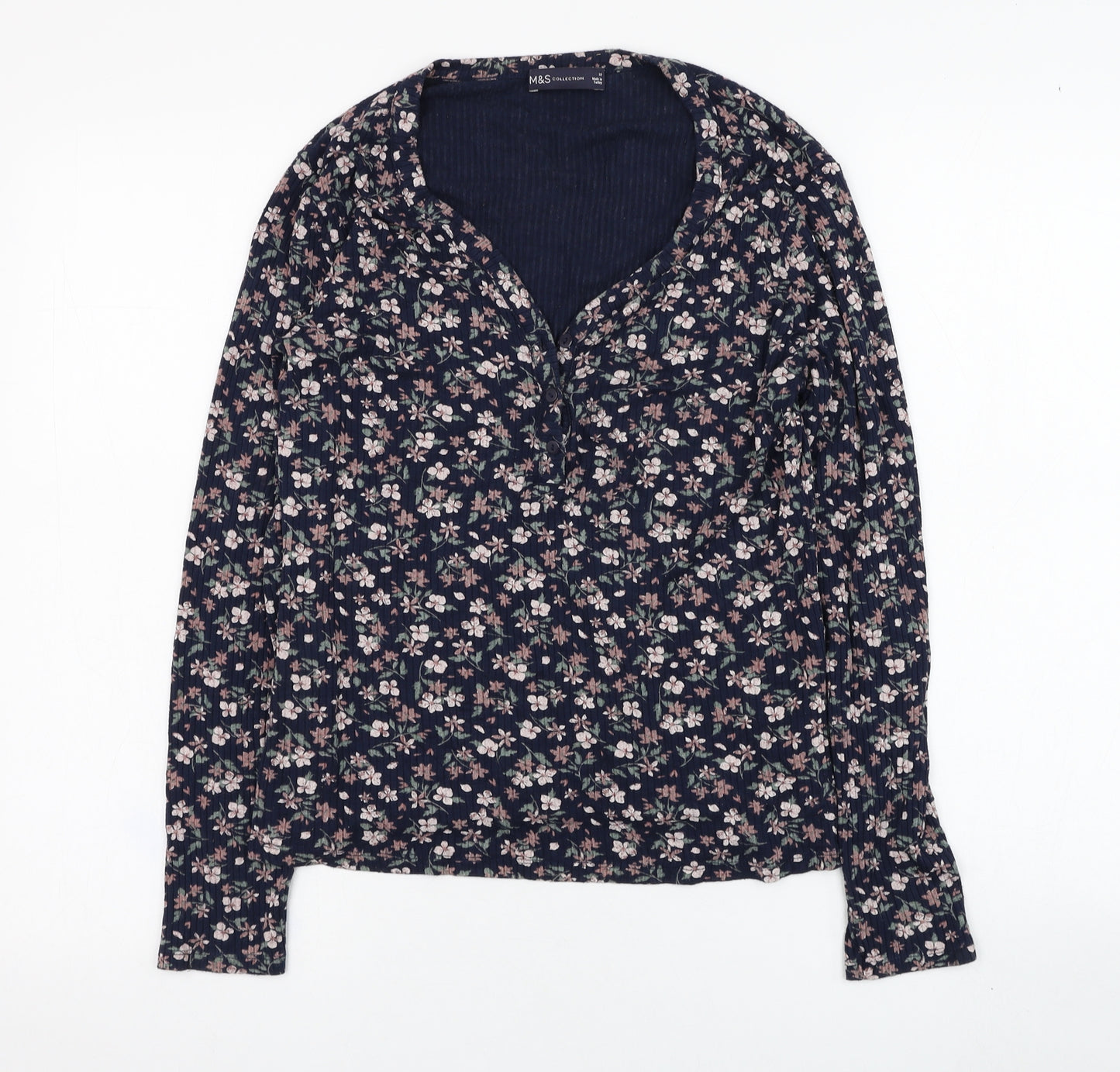 Marks and Spencer Womens Blue Floral Viscose Basic Blouse Size 10 V-Neck