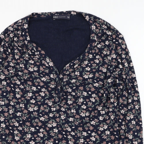 Marks and Spencer Womens Blue Floral Viscose Basic Blouse Size 10 V-Neck