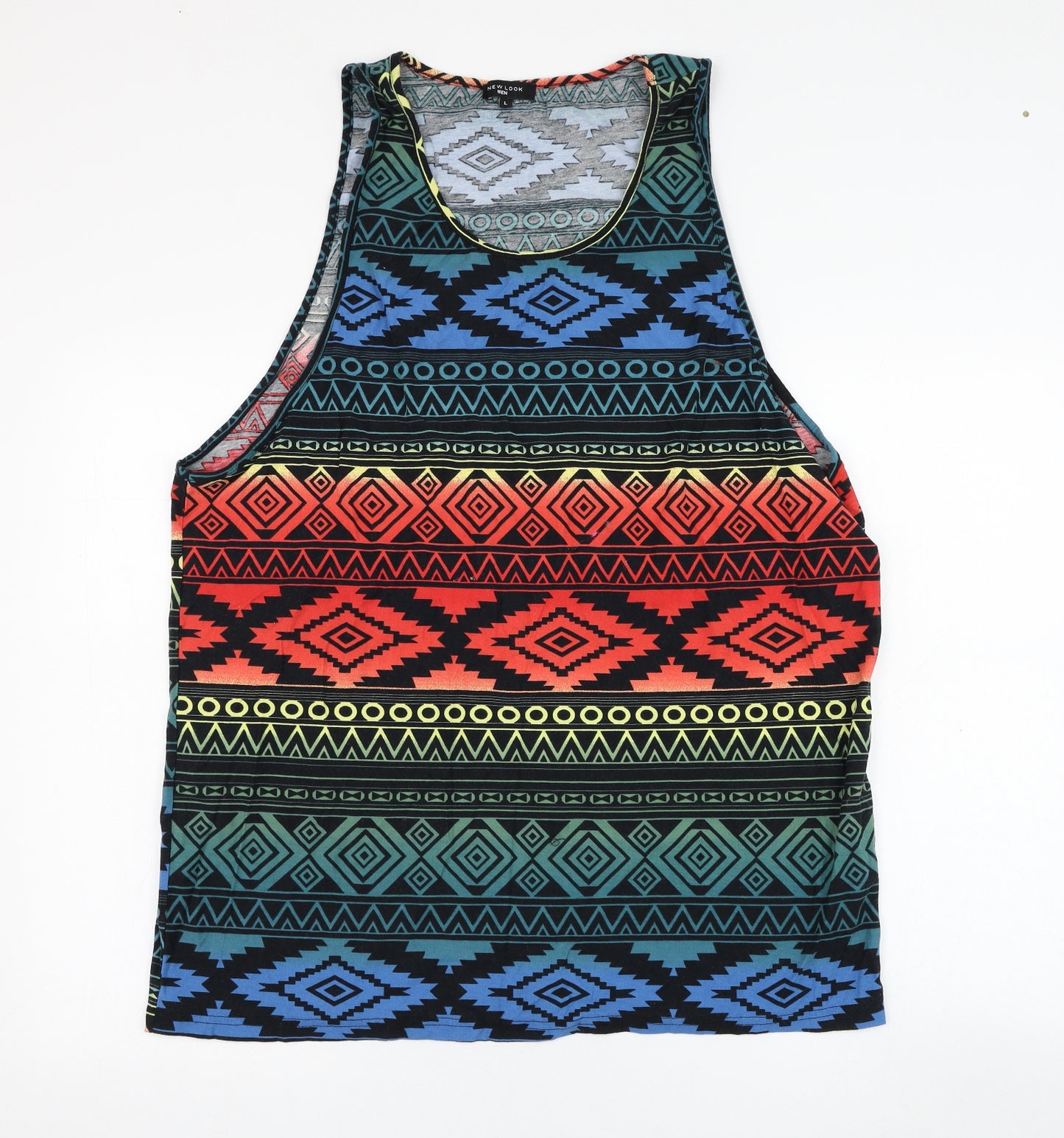 New Look Mens Multicoloured Geometric Cotton  T-Shirt Size L Round Neck