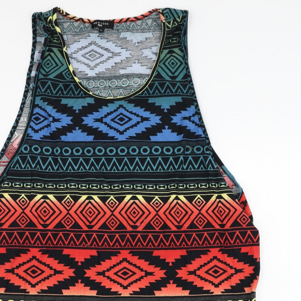 New Look Mens Multicoloured Geometric Cotton  T-Shirt Size L Round Neck