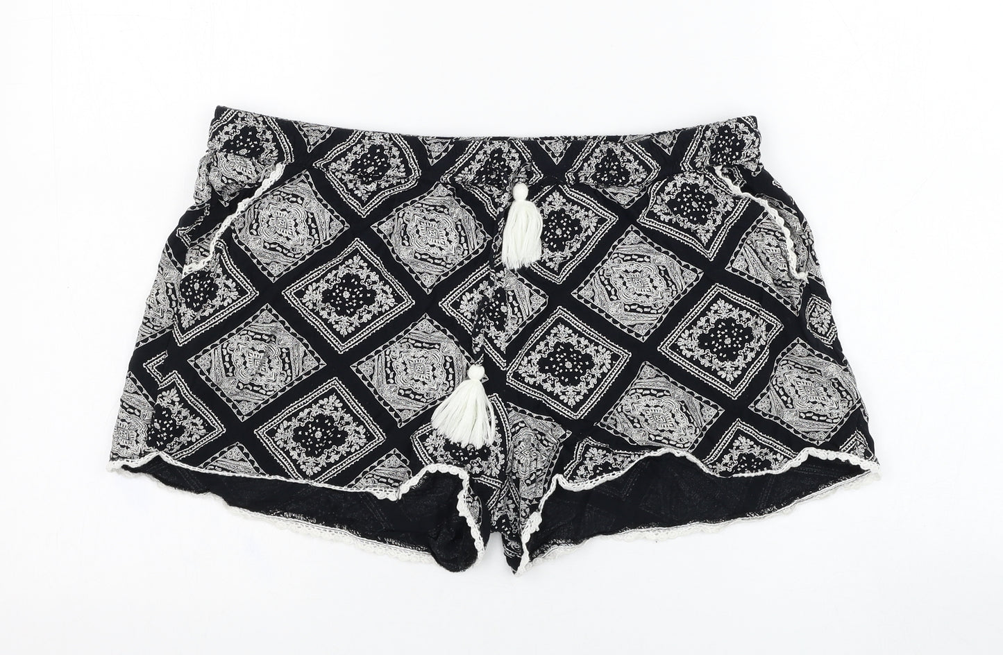 Primark Womens Black Geometric Viscose Hot Pants Shorts Size 14 L3 in Regular