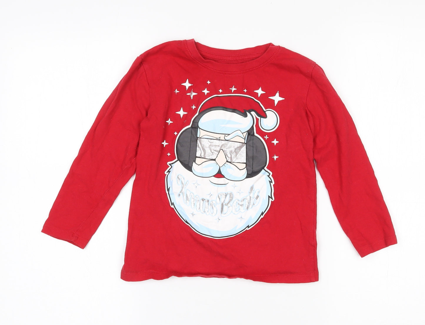 Dunnes Boys Red  Cotton Pullover T-Shirt Size 5-6 Years Crew Neck  - Christmas