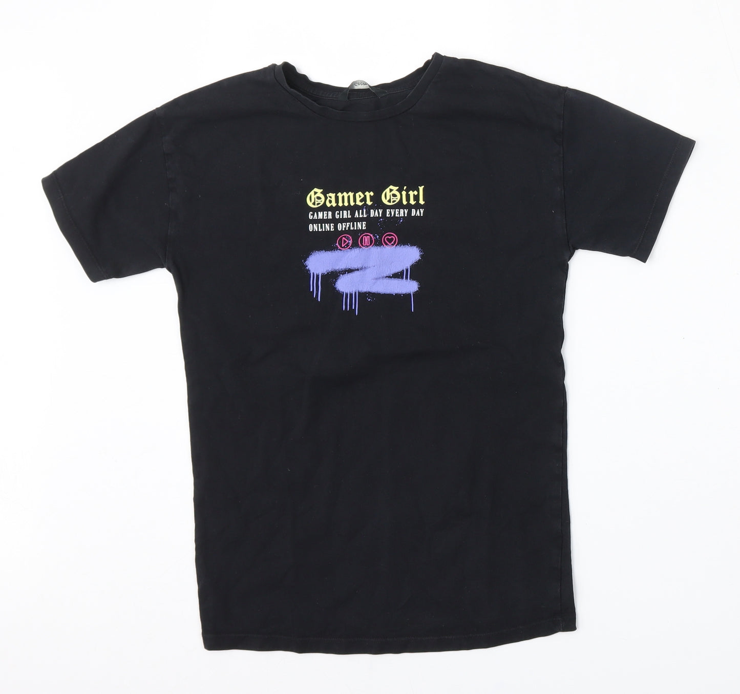 George Girls Black  Cotton Basic T-Shirt Size 6-7 Years Round Neck  - Girl Gamer