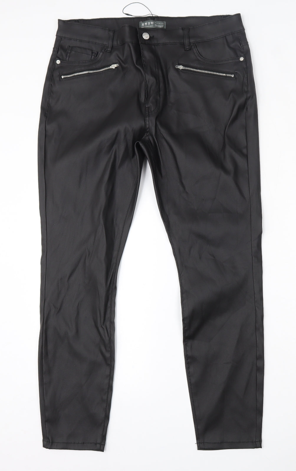 Primark Womens Black  Polyester Trousers  Size 18 L28 in Regular Zip - Leather Look