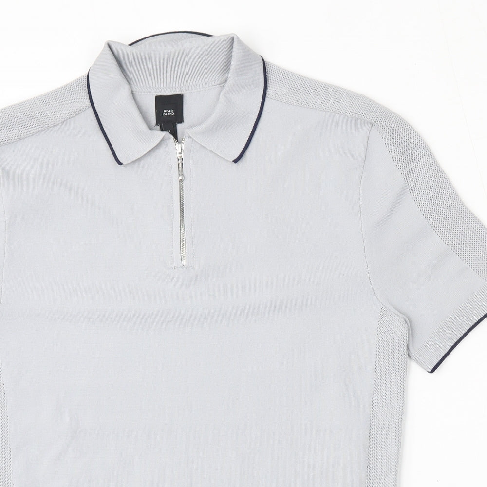River Island Mens Grey  Polyester  Polo Size M Collared Zip