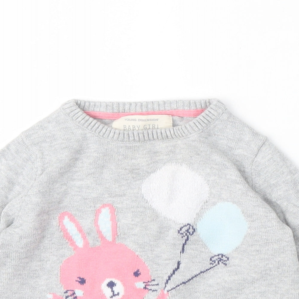 Young Dimension Girls Grey  Cotton Pullover Jumper Size 9-12 Months   - Bunny