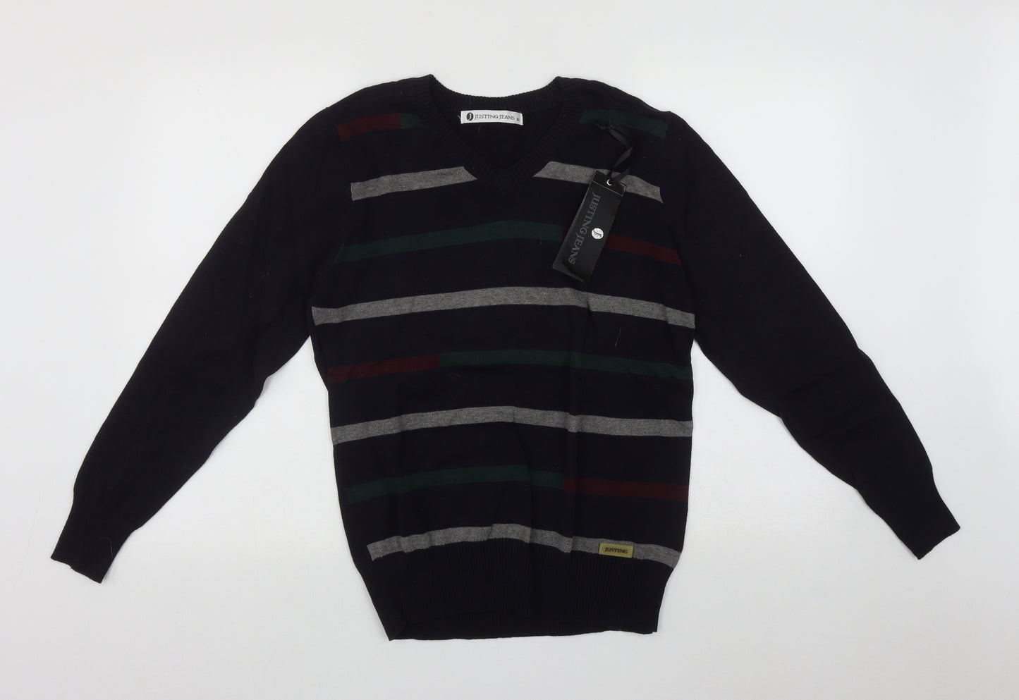 Justing Mens Blue V-Neck Striped Wool Pullover Jumper Size XL
