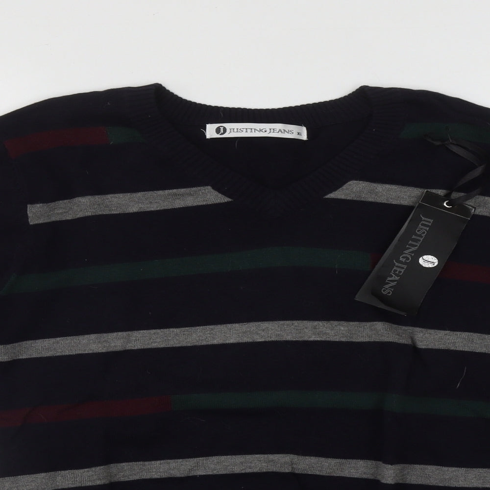 Justing Mens Blue V-Neck Striped Wool Pullover Jumper Size XL