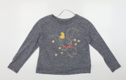 Front view of Disney women’s blue round neck polyester jumper, size S, - disney dumbo