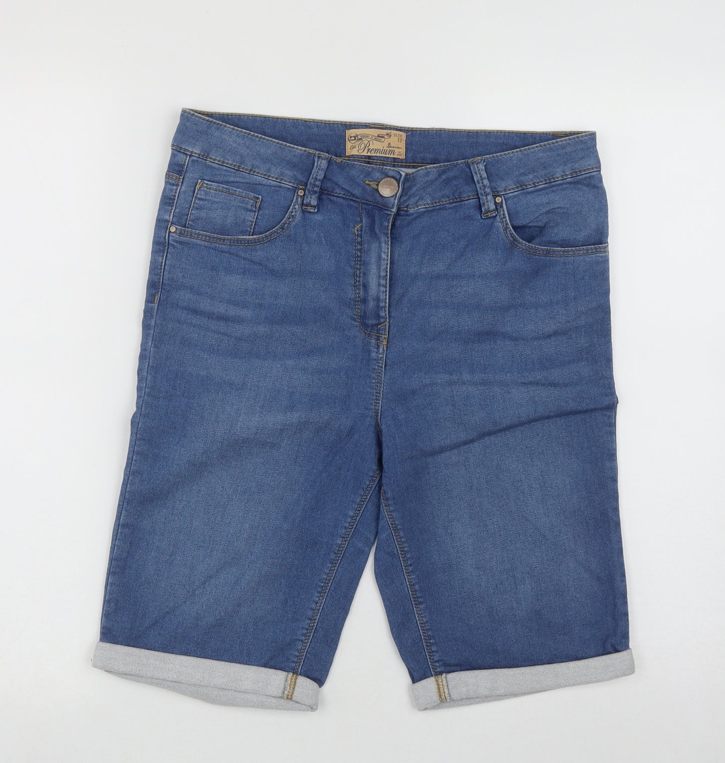 The Premium Womens Blue  Cotton Bermuda Shorts Size 12 L10 in Regular Zip