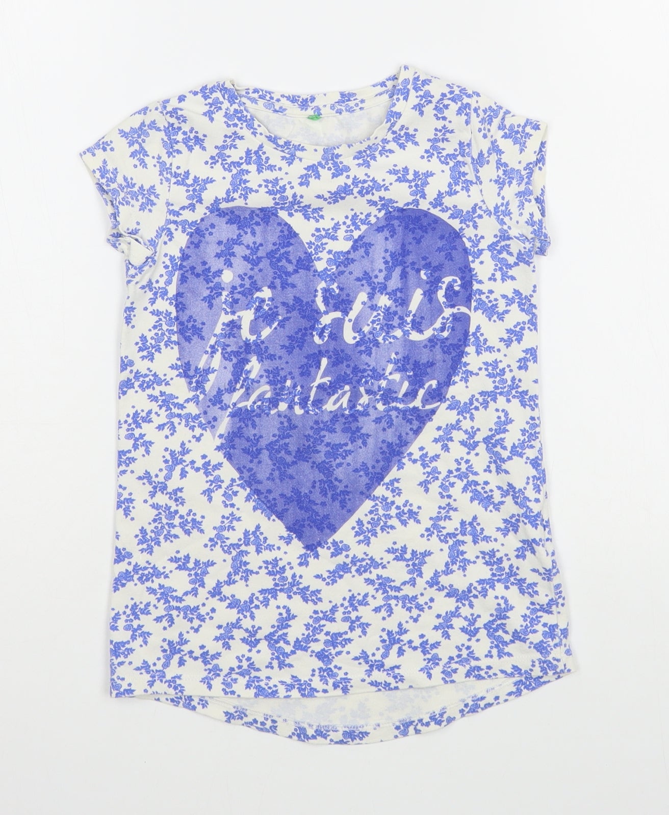Benneton Girls Blue Floral Cotton Basic T-Shirt Size 4-5 Years Round Neck Pullover