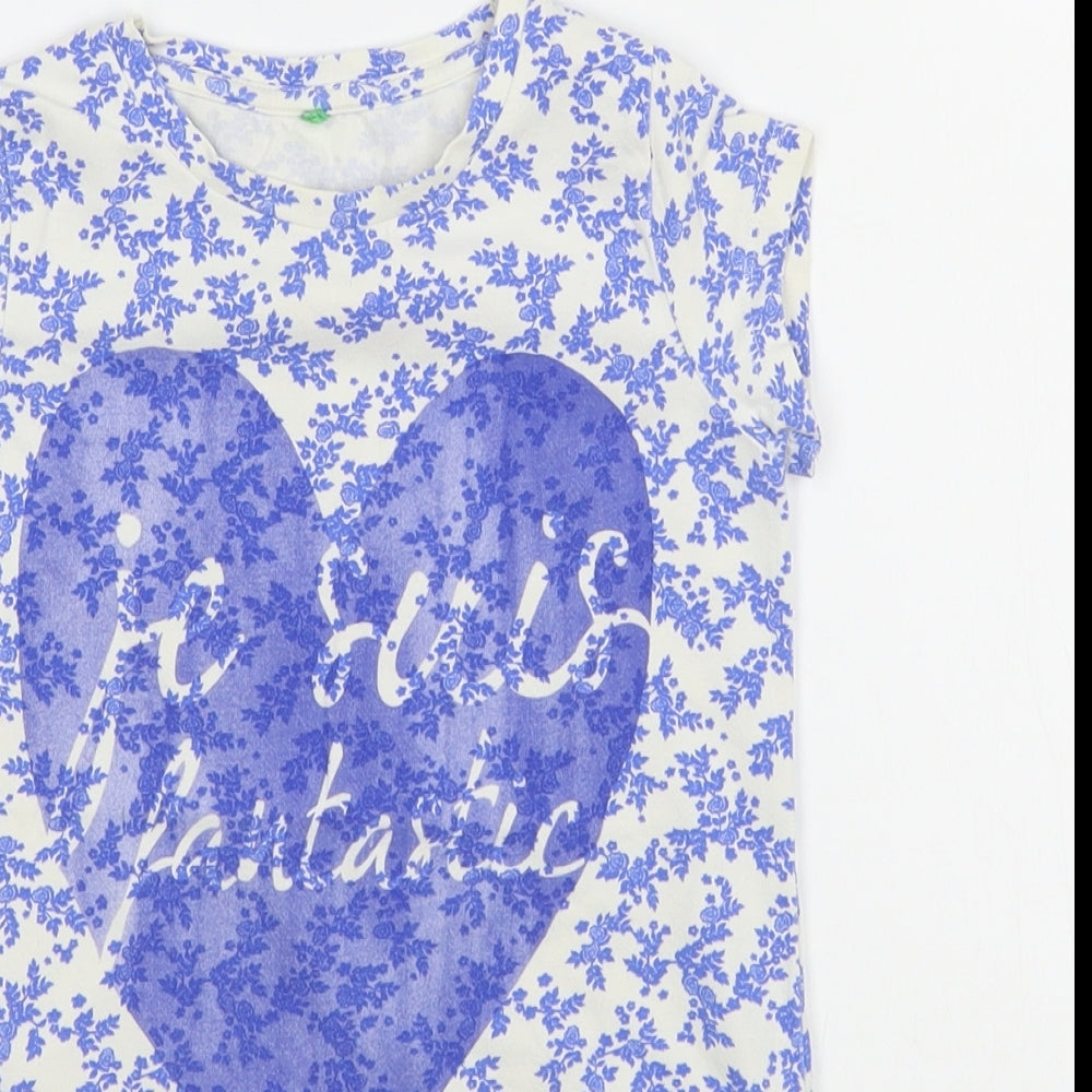 Benneton Girls Blue Floral Cotton Basic T-Shirt Size 4-5 Years Round Neck Pullover
