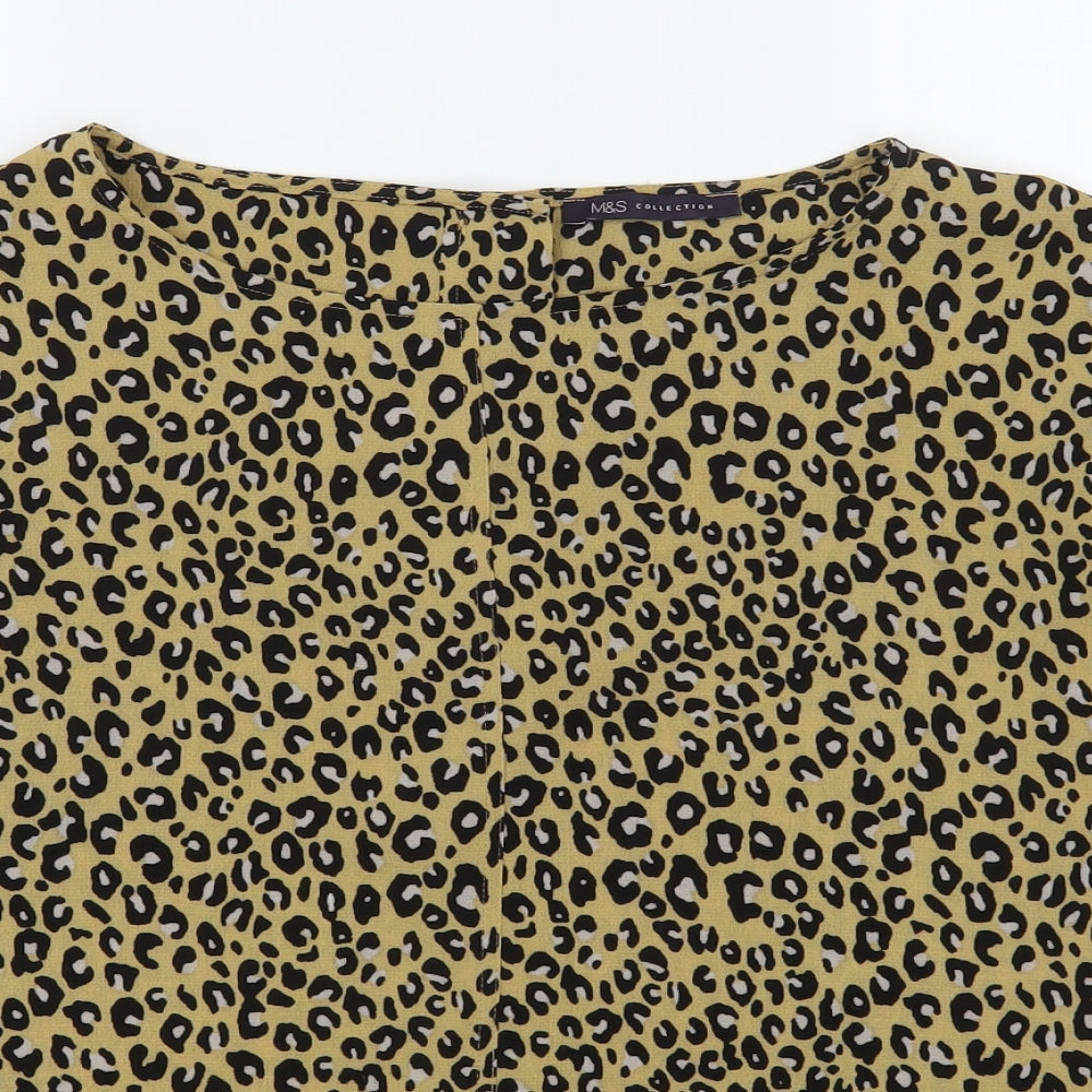 Marks and Spencer Womens Brown Animal Print Polyester Basic Blouse Size 12 Boat Neck