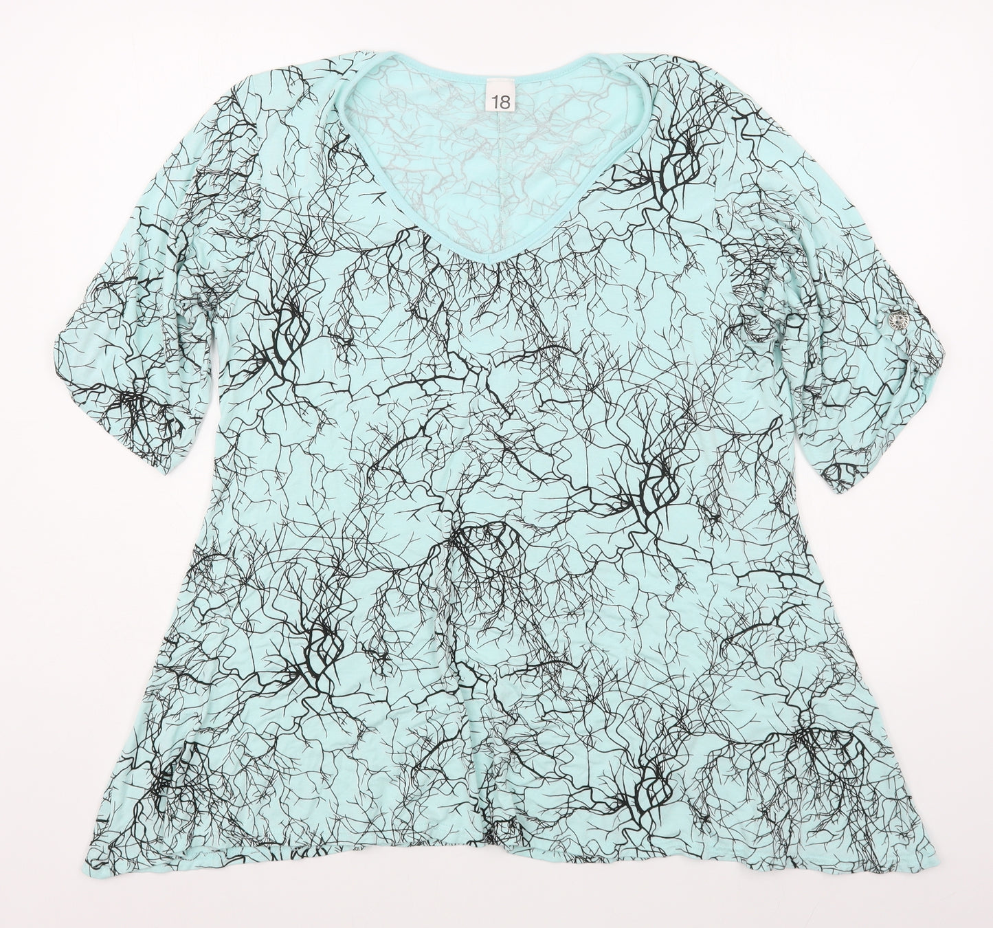 Preworn Womens Blue Geometric Viscose Basic T-Shirt Size 18 V-Neck