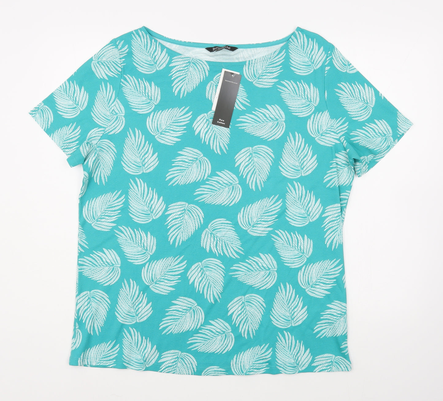 Bonmarché Womens Blue Floral 100% Cotton Basic T-Shirt Size 20 Boat Neck