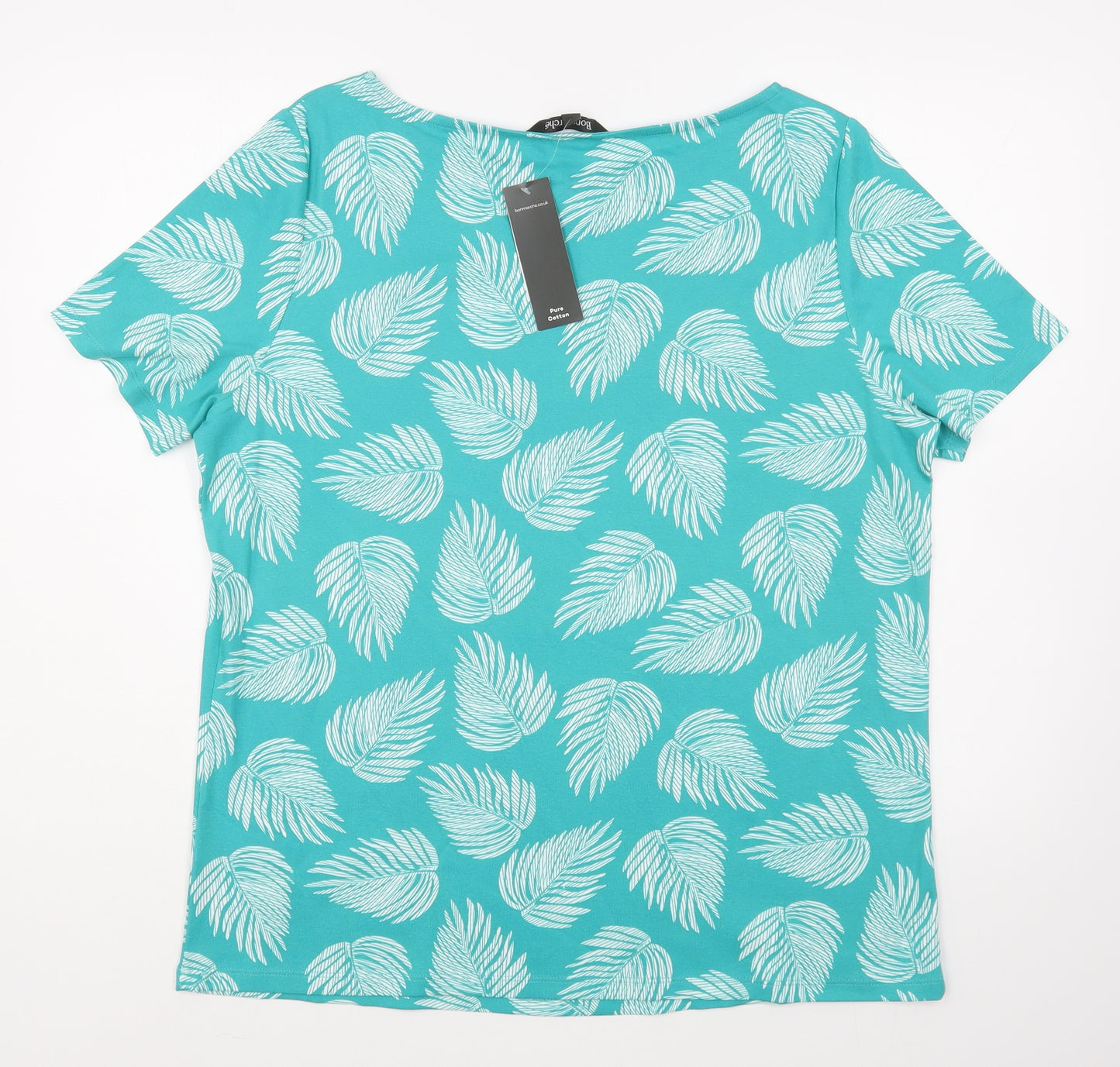 Bonmarché Womens Blue Floral 100% Cotton Basic T-Shirt Size 20 Boat Neck