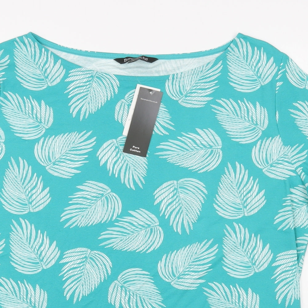 Bonmarché Womens Blue Floral 100% Cotton Basic T-Shirt Size 20 Boat Neck